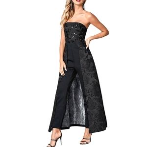 Nwot Venus Strapless Black Jumpsuit/Prom/Pageant Floral Brocade Dress